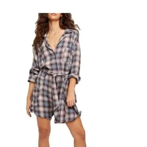 Free People Before I Let Go Plaid One Piece Romper Belted Waist Pockets Size M - Picture 1 of 9